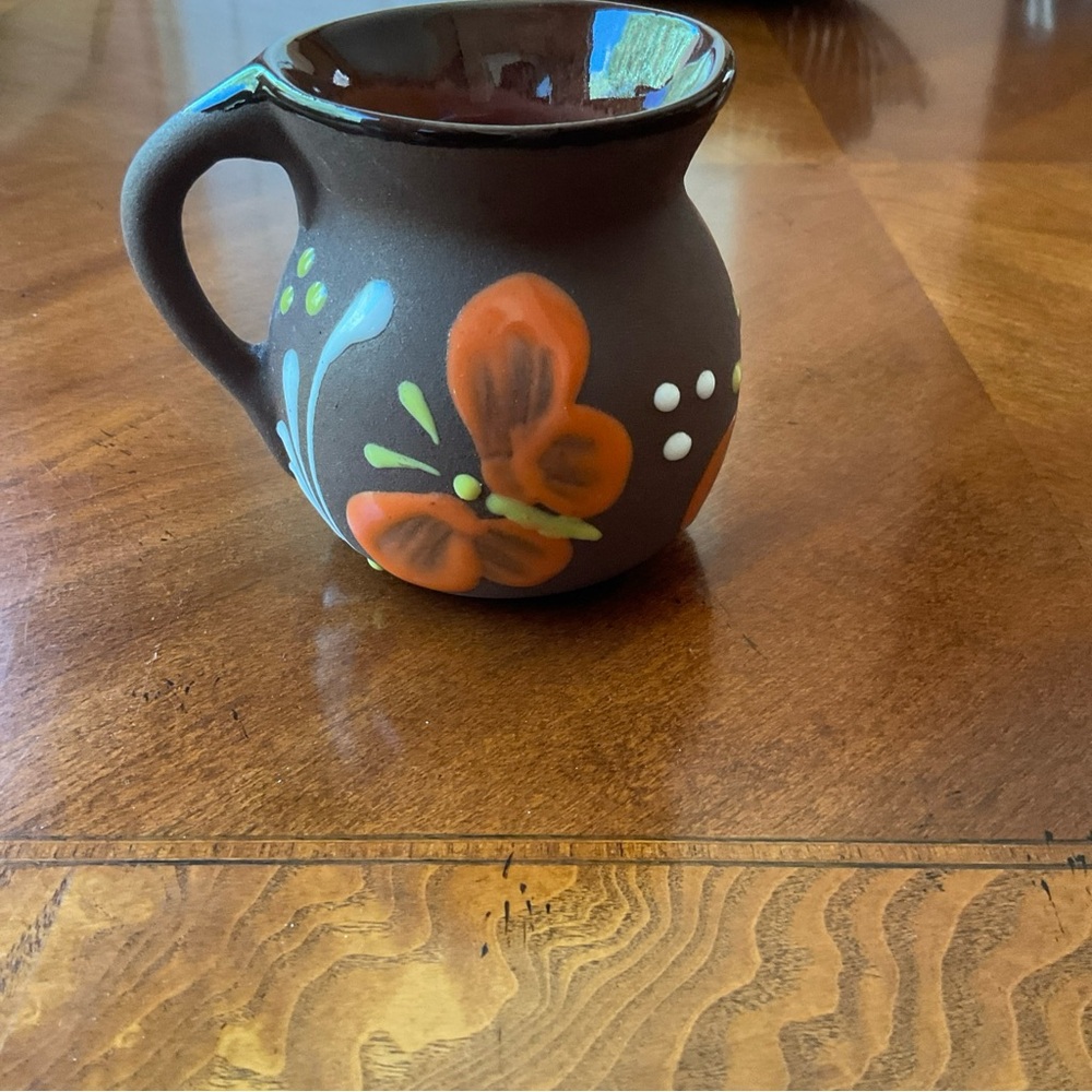 Mexican Pottery Small Pitcher Hand Painted, floral and butterflies, 4” NEW - Picture 2 of 11